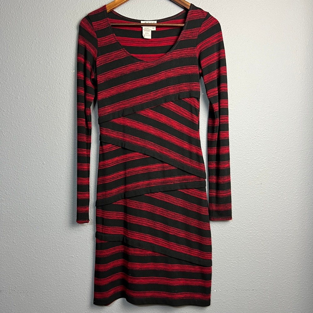 M.S.S.P Red Black Striped Long Sleeve Dress XS Layered Bodycon Party Casual Sexy